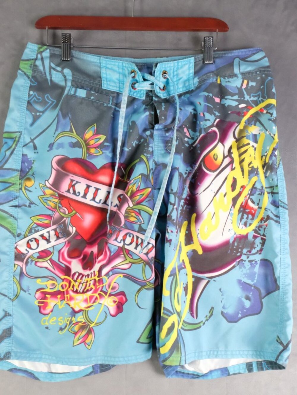 Ed Hardy Board Shorts Mens 34 Blue Lace Front Skull Heart Vintage Y2K